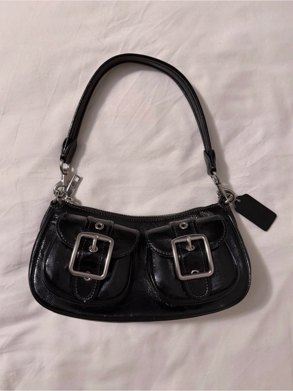 COACH Ashton Baguette Bag Black Crinkle Patent Leather Shoulder Bag